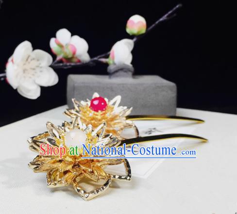 Chinese Handmade Classical Hair Accessories Golden Lotus Hairpins Hanfu Hair Stick for Women