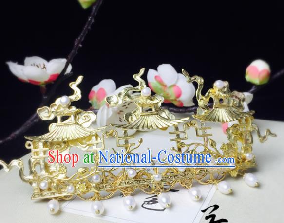 Chinese Handmade Classical Hair Accessories Golden Hair Crown Hairpins Hanfu Hair Stick for Women