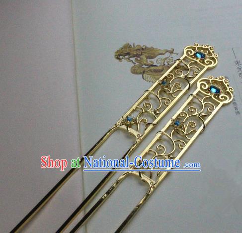 Chinese Handmade Classical Hair Accessories Hairpin Blue Crystal Golden Hair Stick Hanfu Hairpins for Women