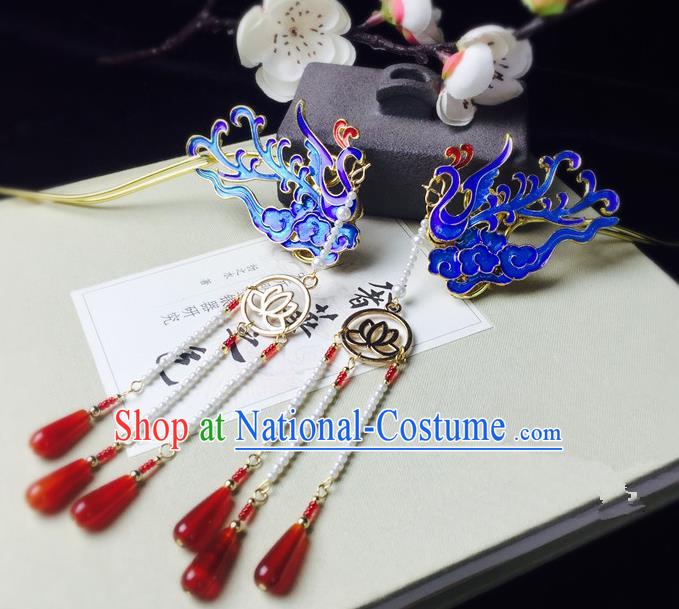 Chinese Handmade Classical Hair Accessories Hairpin Blueing Phoenix Hair Stick Hanfu Hairpins for Women