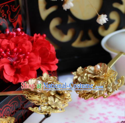 Chinese Handmade Classical Hair Accessories Wedding Pearls Hairpins Hanfu Golden Flower Hairpin for Women