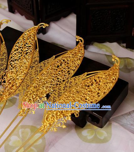 Chinese Handmade Classical Hair Accessories Wedding Hairpins Hanfu Golden Leaf Hairpin for Women