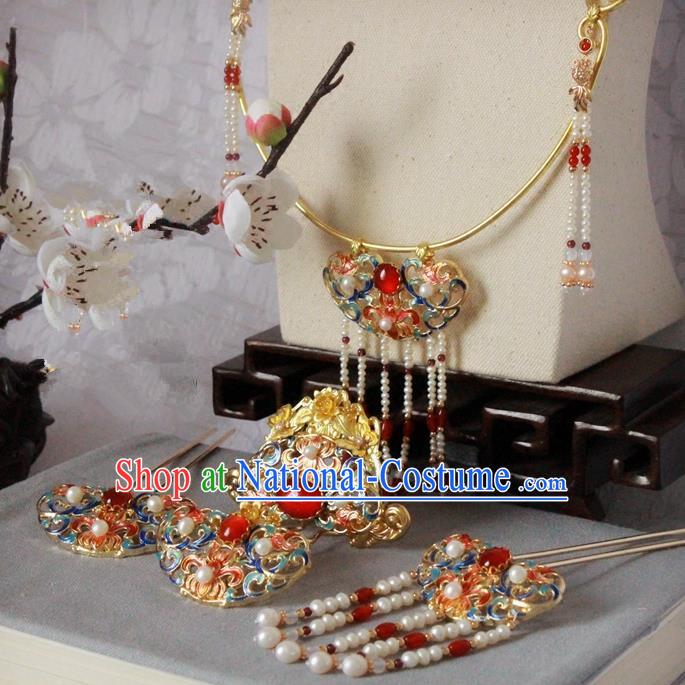 Chinese Handmade Classical Accessories Princess Blueing Necklace and Hairpins Complete Set for Women