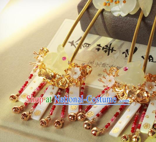 Chinese Handmade Classical Hair Accessories Wedding Jade Rabbit Hairpins Hanfu Tassel Step Shake for Women