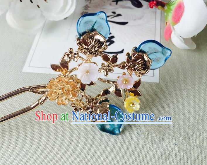 Chinese Handmade Classical Hair Accessories Wedding Shell Flowers Hair Stick Blue Hairpins for Women