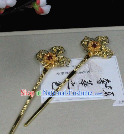 Chinese Handmade Classical Hair Accessories Golden Flower Hairpins Hair Stick for Women