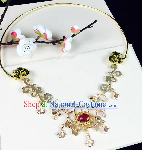 Chinese Handmade Classical Wedding Accessories Princess Golden Necklace Hanfu Red Crystal Necklet for Women