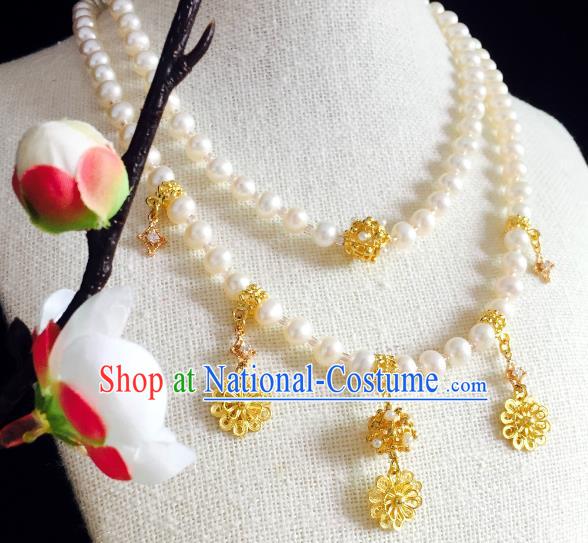 Chinese Handmade Classical Wedding Accessories Princess Golden Tassel Necklace Hanfu Pearls Necklet for Women