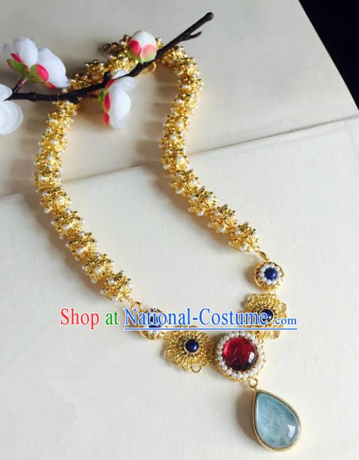 Chinese Handmade Classical Accessories Golden Earrings Hanfu Blue Crystal Eardrop for Women