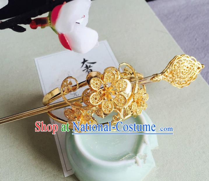 Chinese Handmade Classical Hair Accessories Golden Flowers Hairdo Crown Hairpins Hair Stick for Women