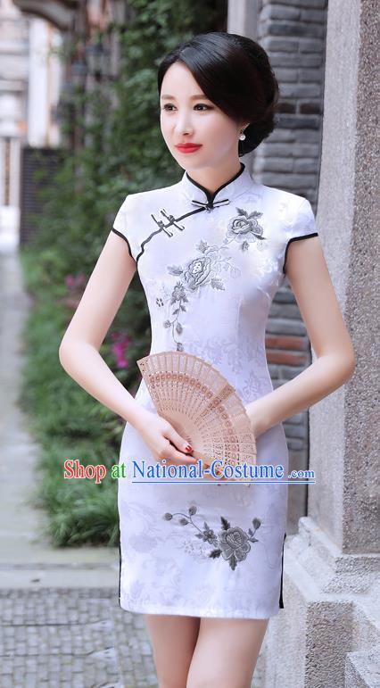 Chinese Traditional Mandarin Qipao Dress National Costume Printing Peony White Cheongsam for Women