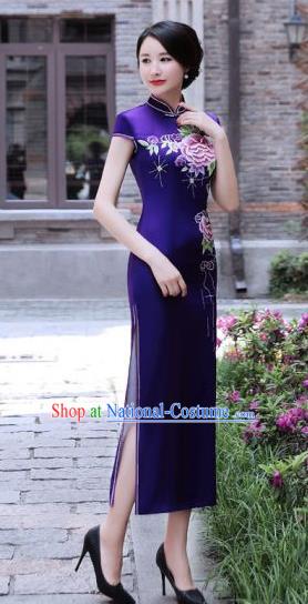 Chinese Traditional Mandarin Silk Qipao Dress National Costume Printing Peony Purple Long Cheongsam for Women