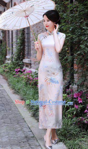 Chinese Traditional Mandarin Silk Qipao Dress National Costume Printing White Long Cheongsam for Women