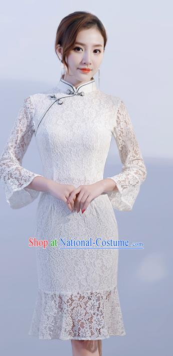 Chinese Traditional Mandarin Qipao Dress National Costume White Lace Cheongsam for Women