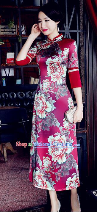 Chinese Traditional Mandarin Qipao Dress National Costume Printing Peony Wine Red Cheongsam for Women