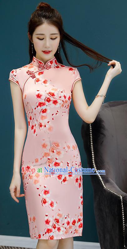 Chinese Traditional Mandarin Qipao Dress National Costume Printing Flowers Pink Cheongsam for Women