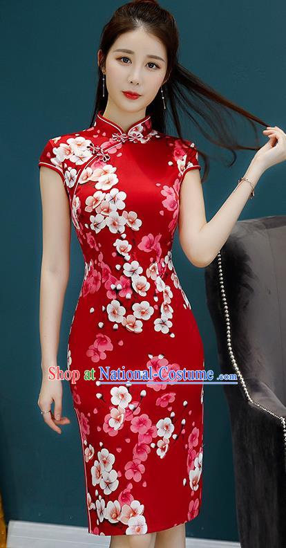 Chinese Traditional Mandarin Qipao Dress National Costume Printing Flowers Red Cheongsam for Women