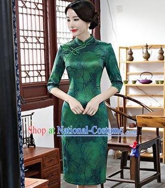 Chinese Traditional Silk Mandarin Qipao Dress National Costume Printing Green Short Cheongsam for Women