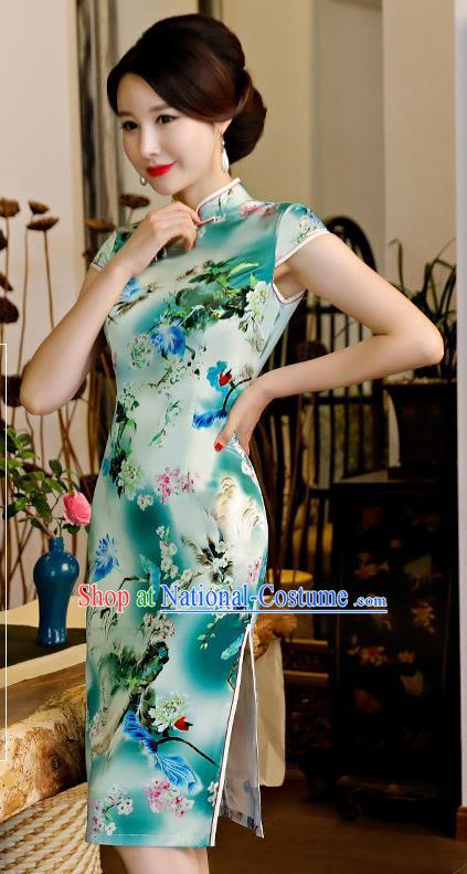 Chinese Traditional Silk Mandarin Qipao Dress National Costume Printing Green Short Cheongsam for Women