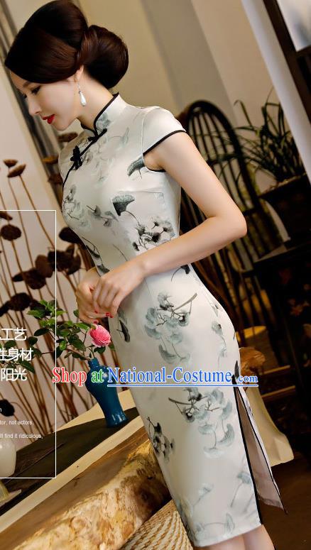 Chinese Traditional Silk Mandarin Qipao Dress National Costume Printing Ginkgo Leaf Short Cheongsam for Women