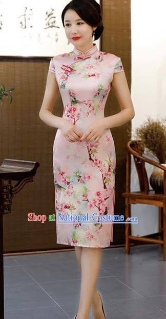 Chinese Traditional Pink Silk Mandarin Qipao Dress National Costume Printing Flowers Short Cheongsam for Women