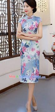 Chinese Traditional Blue Silk Mandarin Qipao Dress National Costume Printing Flowers Short Cheongsam for Women