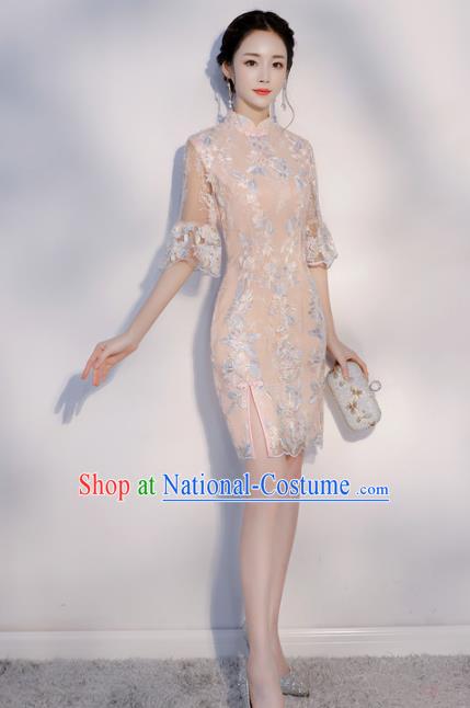 Chinese Traditional Mandarin Qipao Dress National Costume Pink Short Cheongsam for Women