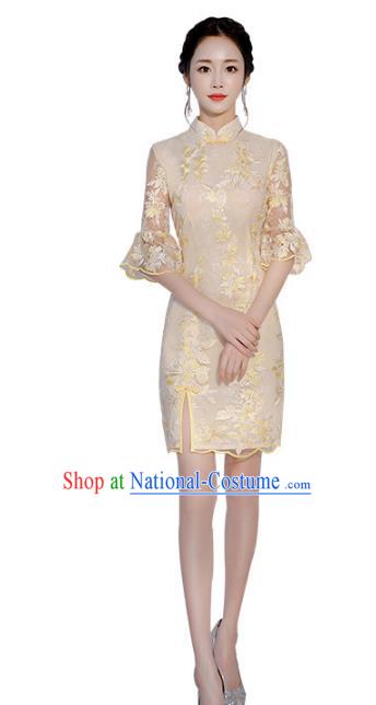 Chinese Traditional Mandarin Qipao Dress National Costume Champagne Short Cheongsam for Women