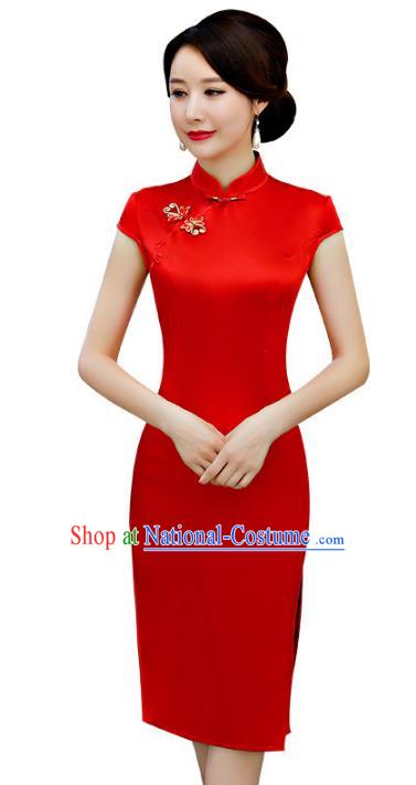 Chinese Traditional Red Silk Mandarin Qipao Dress National Costume Wedding Short Cheongsam for Women