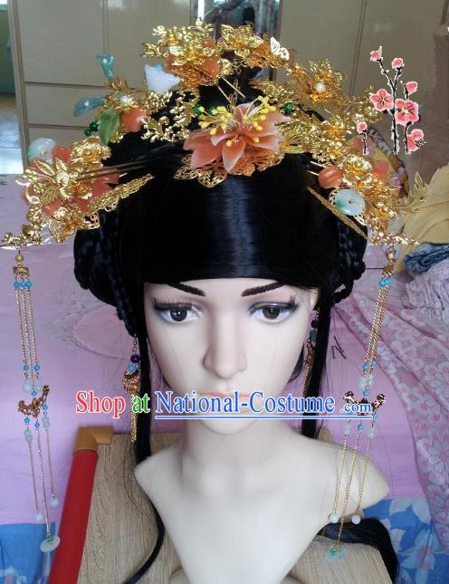 Traditional Chinese Ancient Hair Accessories Golden Phoenix Coronet Hairpins Complete Set for Women