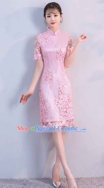 Chinese Traditional Pink Embroidered Mandarin Qipao Dress National Costume Short Cheongsam for Women