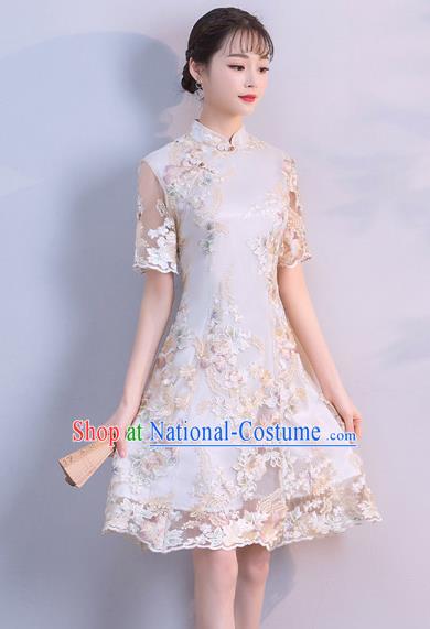 Chinese Traditional Embroidered Mandarin Qipao Dress National Costume Short Cheongsam for Women