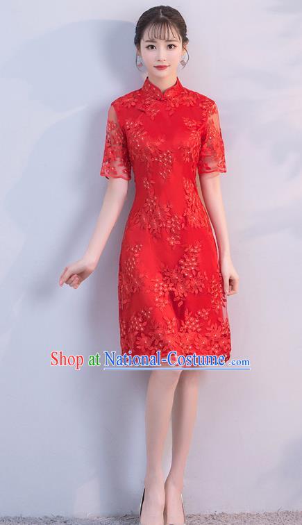 Chinese Traditional Red Mandarin Qipao Dress National Costume Short Cheongsam for Women