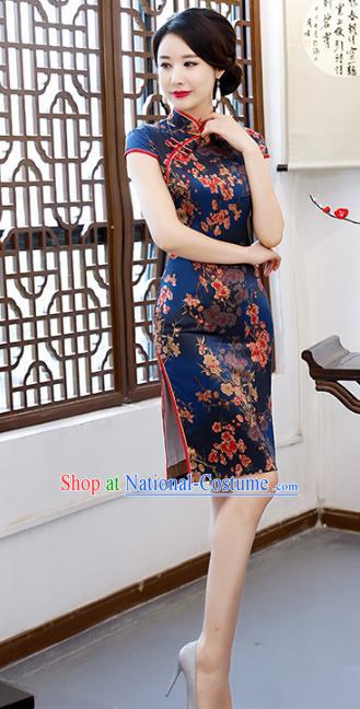 Chinese Traditional Mandarin Qipao Dress National Costume Printing Navy Cheongsam for Women