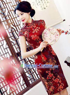 Chinese Traditional Mandarin Qipao Dress National Costume Printing Purplish Red Cheongsam for Women