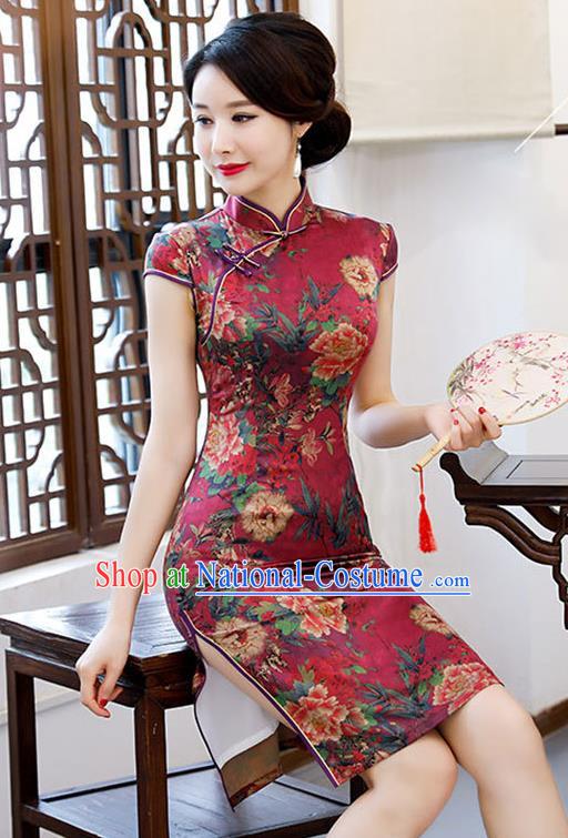 Chinese Traditional Mandarin Qipao Dress National Costume Printing Peony Purplish Red Cheongsam for Women