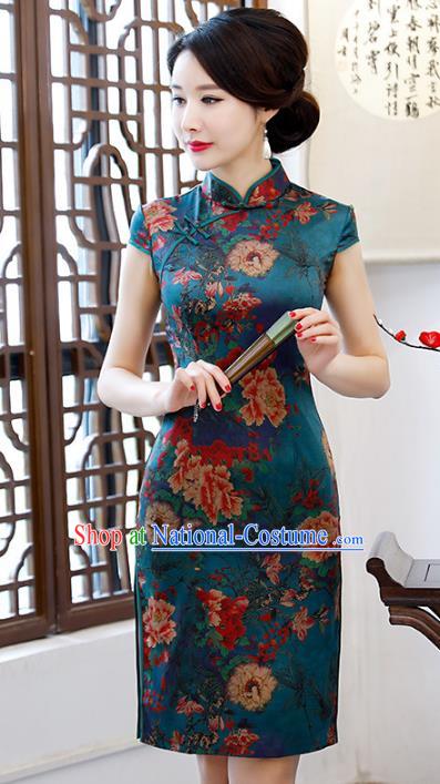 Chinese Traditional Mandarin Qipao Dress National Costume Printing Peony Atrovirens Cheongsam for Women