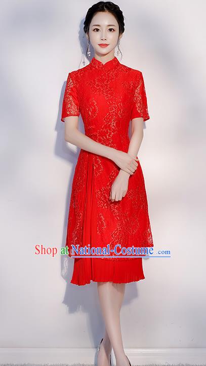 Chinese Traditional Embroidered Red Mandarin Qipao Dress National Costume Short Cheongsam for Women