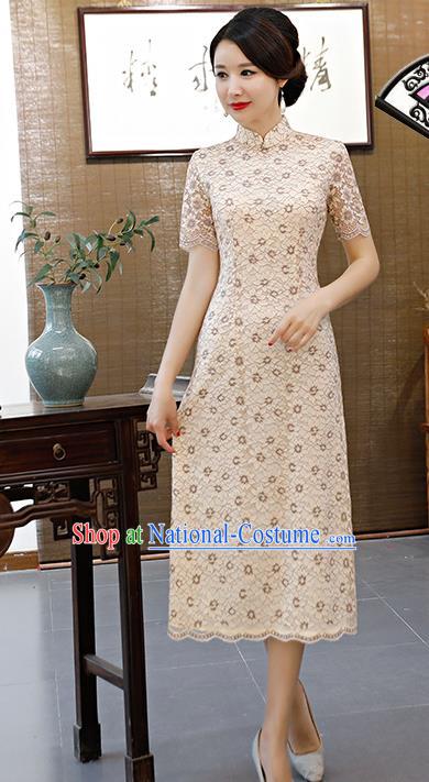 Chinese Traditional Mandarin Qipao Dress National Costume Beige Lace Cheongsam for Women