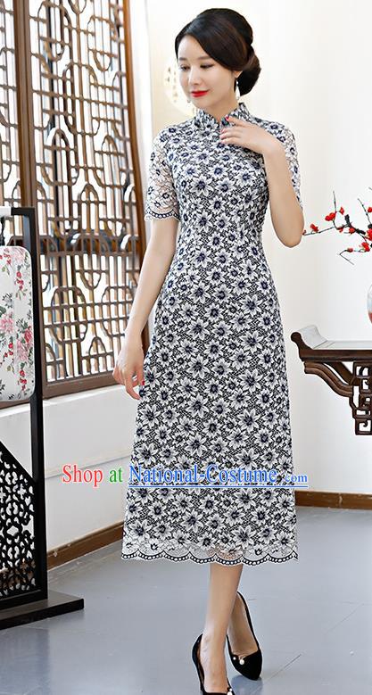 Chinese Traditional Mandarin Qipao Dress National Costume Navy Lace Cheongsam for Women