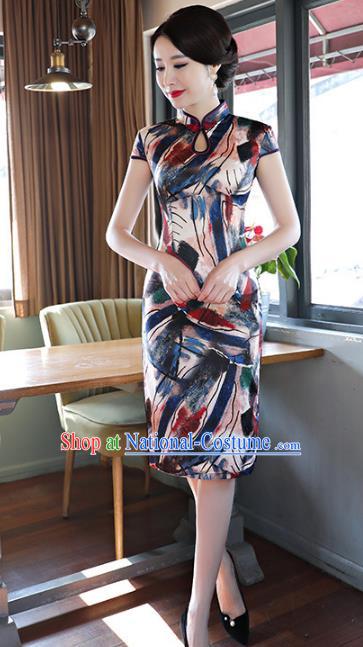 Chinese Traditional Printing Short Mandarin Qipao Dress National Costume Tang Suit Cheongsam for Women