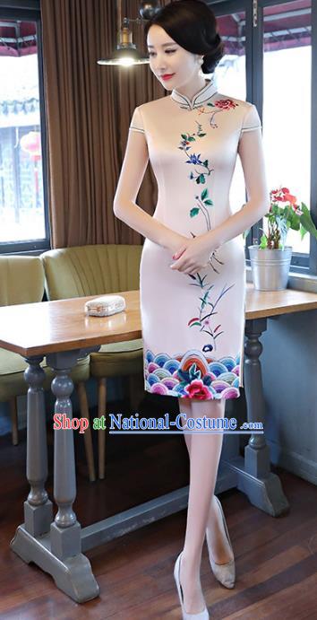 Chinese Traditional Printing Beige Silk Mandarin Qipao Dress National Costume Tang Suit Short Cheongsam for Women