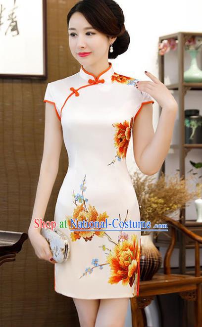 Chinese Traditional Printing Peony Mandarin Qipao Dress National Costume White Silk Short Cheongsam for Women