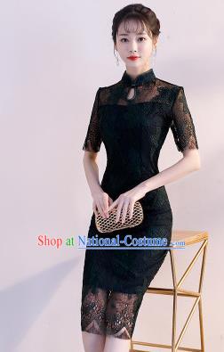 Chinese Traditional Black Lace Mandarin Qipao Dress National Costume Wedding Short Cheongsam for Women