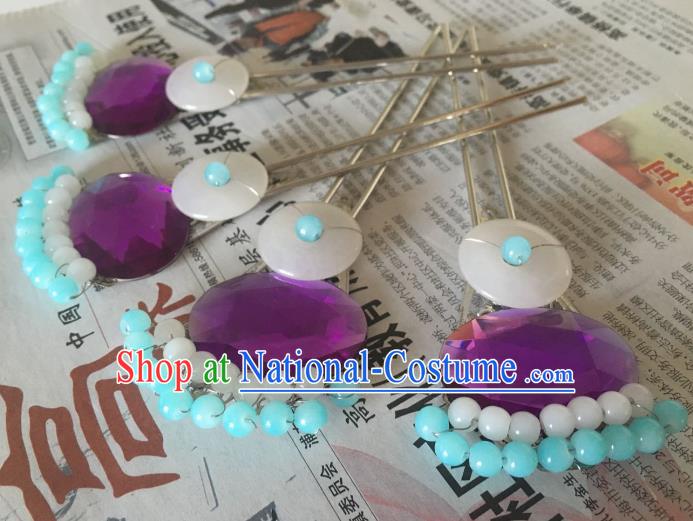 Traditional Chinese Ancient Palace Lady Hair Accessories Hairpins Blue Beads Tassel Step Shake for Women