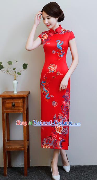 Chinese Traditional Red Silk Mandarin Qipao Dress National Costume Tang Suit Wedding Long Cheongsam for Women