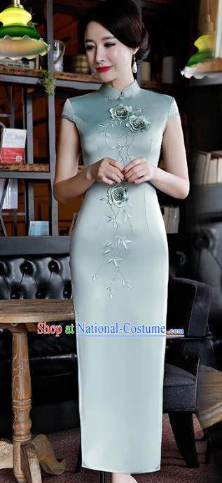 Chinese Traditional Tang Suit Embroidered Qipao Dress National Costume Light Blue Silk Mandarin Cheongsam for Women