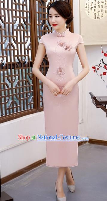 Chinese Traditional Tang Suit Embroidered Qipao Dress National Costume Pink Silk Mandarin Cheongsam for Women