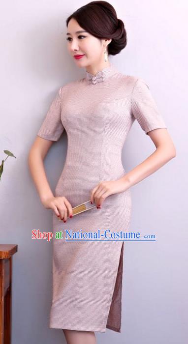 Chinese Traditional Tang Suit Pink Linen Qipao Dress National Costume Mandarin Cheongsam for Women