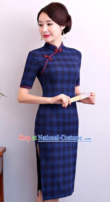 Chinese Traditional Tang Suit Navy Linen Qipao Dress National Costume Mandarin Cheongsam for Women